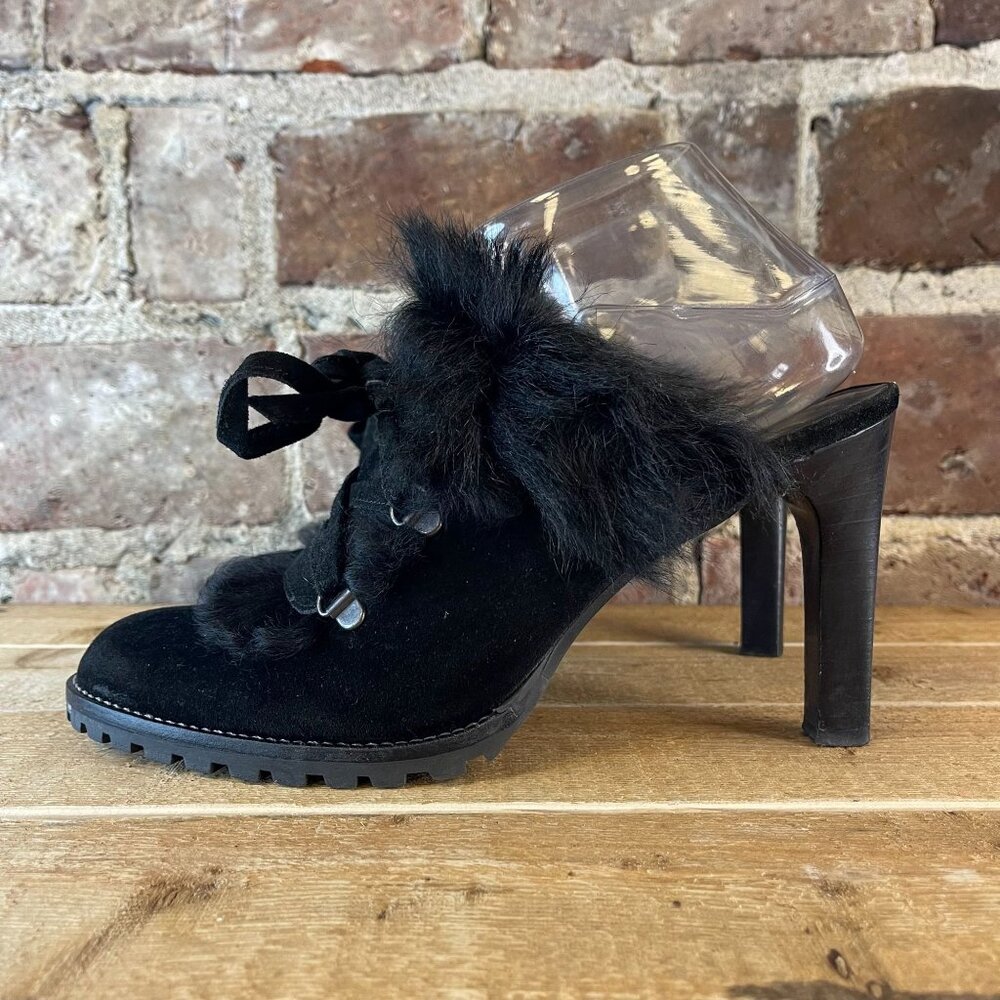 Coach 9618 Kristy Suede Heeled Mule Fur Trim Lace Up Women's Black Size 9 - Picture 4 of 9
